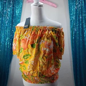 NWT Rachel Roy Women's Size S  Summer Tropical Blouse Puff Sleeves Off Shoulder